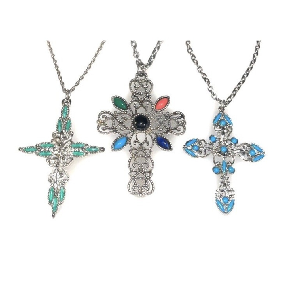 Lot 3 Vintage Cross Necklaces Romanesque Turquoise Silver Tone Boho Estate
